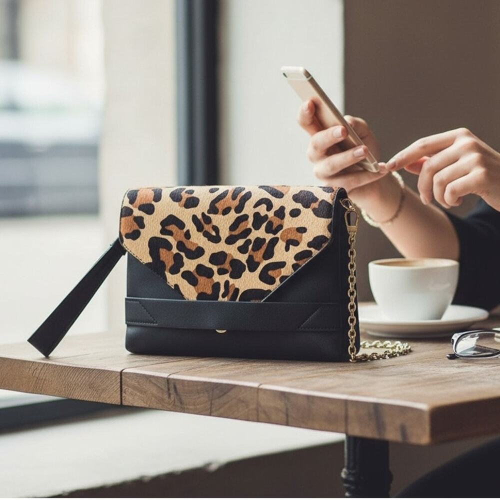 Kate & Alex Cuffaro Leather Cowhide Cheetah Flap Purse w/ Gold Chain Strap